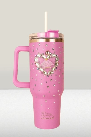 Pipetli 1,2 Litre Kulplu Çelik Termos Renkli Üzeri Taş İşlemeli - Pembe Pembe