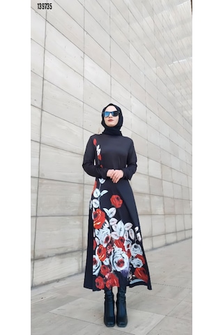 Moda Kadın Tesettür Bisiklet Yaka Çiçekli Uzun Kollu Mikro Midielbise Siyah