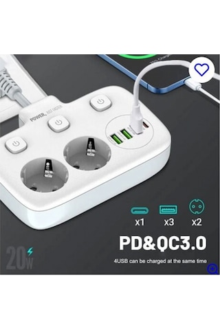 Akım Korumalı 2 Li Ayrı Anahtarlı Priz, 2x Priz, 3x Usb, 1x Type-c, 2 Mt Kablo, Hızlı Şarj Standart