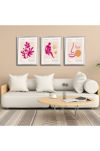 Henri Matisse 3'lü Alüminyum Çerçeveli Poster Seti - Önden Açılır A3 Açılır Kapanır Çerçeve Seti Fuşya Pembe Soyut Figürler, Gümüş