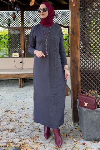 Zebra Desen Triko Elbise Antrasit Normal