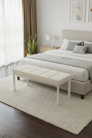 Vena 105x40 Bench - Babyface Kumaş Çımalı Döşeme Puf Bench Beyaz Ayaklı Krem