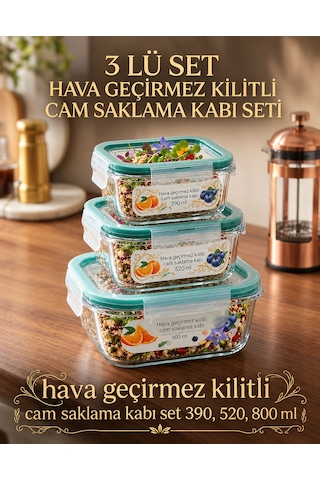 Çemi 3'lü Kilitli Kare Cam Saklama Kabı Seti Hava Geçirmez Saklama Kabı Diğer