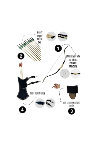 Geleneksel Okçuluk Lamine 'vav' Set- Vav Yay + 3 Ok + Zihgir + Tirkeş