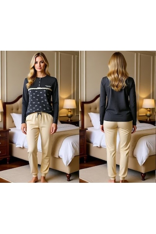 Kadın Pamuklu Gri Melanj Desenli Renk Pijama Takımı Al506-2 Gri