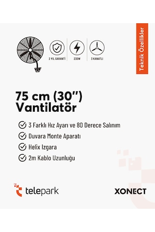 Xonect Profesyonel Sanayi Tipi Vantilatör 75 Cm 30 İnç Yüksek Performanslı Soğutma Xdf30