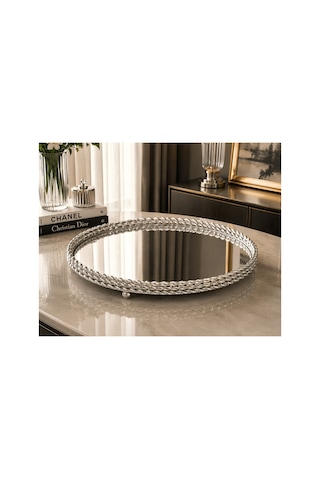 Sleep Nova 651612412 Gümüş Metal Çerçeveli Aynalı Dekoratif Tepsi 35 X 13 Cm