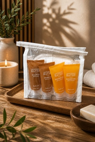 Şeffaf Çantalı 7 Li Banyo & Seyahat Seti Oval Kabak Lif + 2 Sabun 42 Gr + 2 Şampuan 30 Ml + 2 Duş Jeli 30 Ml Fresh