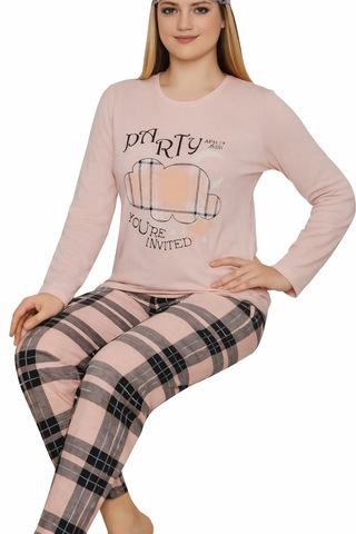 Abarta Kadın Pamuklu Desenli Uzun Kol Pijama Takımı Göz Bandı Hediyeli Somon