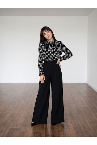 Pera Moda Puantiye Desenli Paris Fularlı Gömlek Siyah - Beyaz