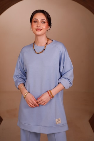 Balenbi Kadın Oysh Modal Kumaş Oversize 80 Cm Tunik Bol Paça Pantolon Tesettür Takım 1228 Mavi