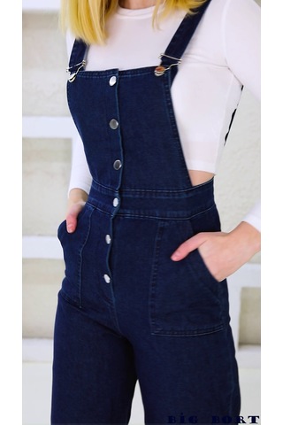 Önden Düğmeli Enzim Kot Kumaş Salopet & Tulum Mavi