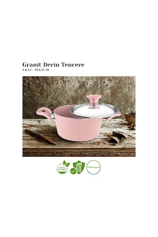 18 Cm Granit Derin Tencere Çelik Kapak - Pembe Pembe