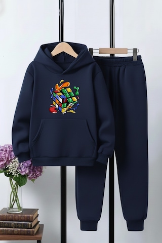 Fyk Kids 3 İplik Şardonlu Kışlık Rubik Küp Baskılı Kanguru Cepli Kapüşonlu Erkek Çocuk Eşofman Takımı Lacivert