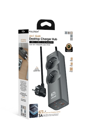 Masaüstü Şarj Cihazı 6 İn 1 Fc54 67w Gan 3x Usb-c + Usb-a + 2 Prizli Power Strip Laptop Hızlı Şarj Hub 1.5m Kablo