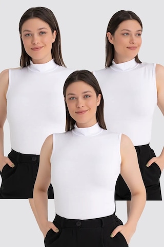 Marivento Özel Üretim Şık Parça Örme Giysi Modern Üst Kadın Beyaz Balıkçı Yaka Kolsuz Body 3'lü Paket Beyaz-3