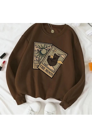 Hırsch Unisex The Moon Baskılı Kahverengi Bisiklet Yaka Sweatshirt Kahverengi