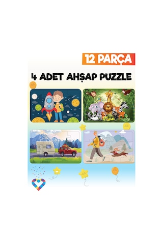 Ahşap Çocuk Puzzle 12 Parça 4 Adet