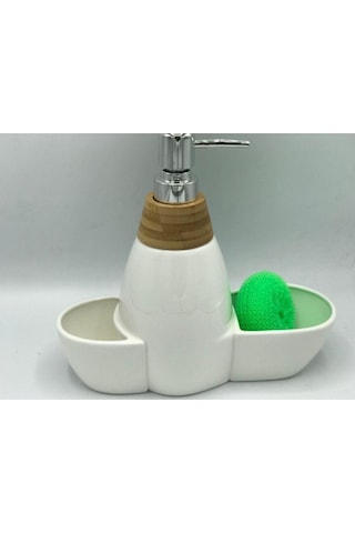 Arow TR-252 Vilma Porselen Mutfak Tezgahı Üstü Bambu Sıvı Sabunluk Seti Beyaz