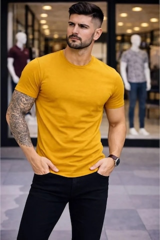 Butik İstanbul Erkek T-shirt Bisiklet Yaka Slim Fit Dar Kesim Likralı Tişört Günlük Basic Body - Limon