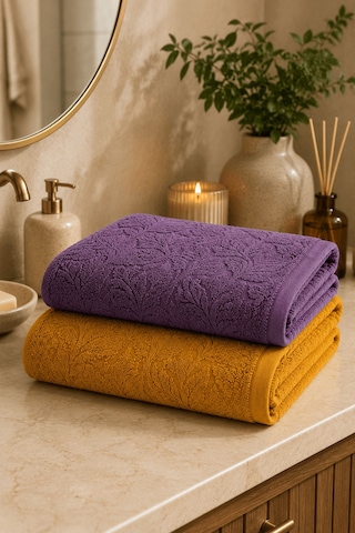 2'li Jakarlı Büyük Boy Banyo Havlusu 90x150 Cm %100 Pamuk Lorea 650 Gr Hardal-mor