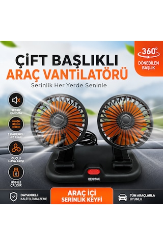 Çift Başlıklı Araç Vantilatörü Usb 12v 360 Dönebilen Sessiz Araç İçi Fan 2 Kademeli Hız Ayarlı Oto Soğutucu