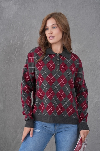 Kadın Polo Yaka Yarım Pat Düğme Detay Desenli Oversize Triko Kazak Antrasit