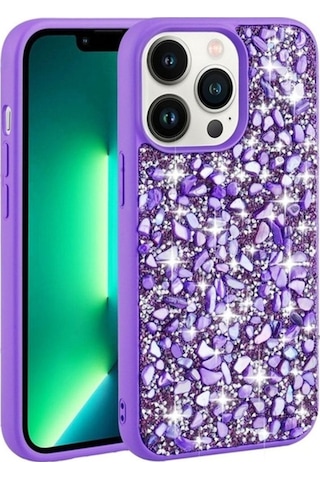 Apple Uyumlu iPhone 13 Pro Kılıf Parlak Taşlı Tasarım Zore Linea Kapak Mor