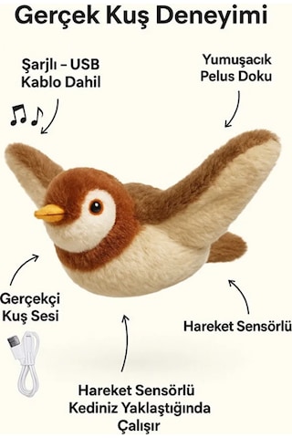 Mucit Home Usb Şarjlı Uçan Kuş Kedi Oyuncağı Sesli & Hareketli Peluş Kedi Oyuncağı Kutulu