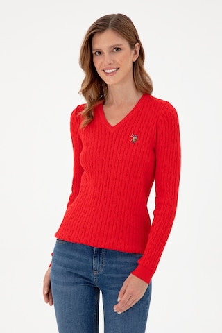U.S. Polo Assn. Kadın Kırmızı V Yaka Basic Kazak 50288992-VR030