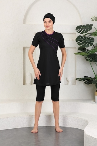 Aslınur Likralı Şeritli Yarı Kapalı Tesettür Mayo - Siyah