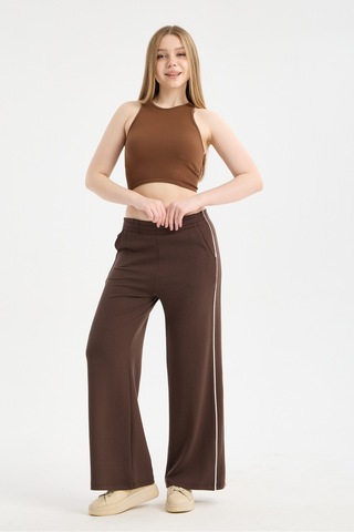 Gugus Kadın Trend Bol Paça Modal Kumaş Eşofman Altı Çift Cepli Wide Leg Yanları Beyaz Şeritli Kahverengi