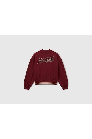 Benetton Kız Çocuk Bordo Payet İşlemeli Ucu Çizgili Sweatshirt Hırka Bordo