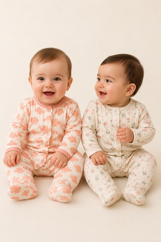 The Two Kız Bebek Çiçekli Pembe İnek Desenli Patikli Tulum 3-9 Ay Pamuklu Uyku Tulumu