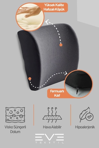 Eve Tekstil Oto Araç Sandalye Ofis Minderi Ortopedik Bel Minderi Fermuarlı Ortopedik Visco Sırt Yastığı