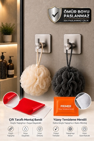2 Adet Kare Tekli Modern Banyo Askılık 45 Mm Paslanmaz Çelik Delmeden Yapışkan Montaj Inox