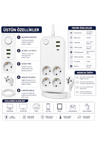 Sh-4629 4 Lü Topraklı Akım Korumalı Priz 2 Usb 1 Type-c Şarj Çıkışlı 2 Metre Kablolu Anahtarlı Çoklu Grup Priz Uzatma Kablosu 2 M