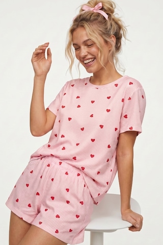 Siyah İnci İnce Soft Örme Mevsimlik Şortlu Pijama Takımı 8045 Pembe Ekose Kalp