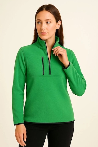 Kadın Polar Kazak Dik Yaka, Yarım Fermuarlı, Fermuarlı Göğüs Cepli, Siyah Biyeli, Kışlık Rahat Reg Yeşil