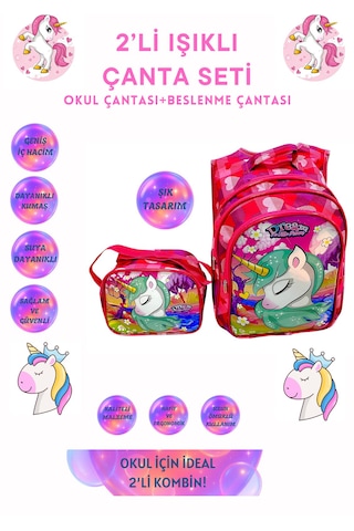 Unicorn Işıklı İlkokul Çantası 2'li Takım Pembe