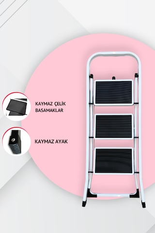 Portalife 3 Basamaklı Beyaz Çelik Şık Merdiven 101-150cm Arası