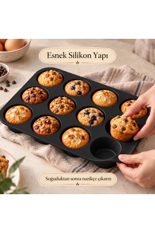 Tilbe Home 12'li Silikon Muffin Kalıbı Siyah Cupcake Mini Kek Browni Kurabiye Tatlı Pişirme Tepsisi Esnek Tek Parça Yuvarlak Bölmeli Porsiyonluk İkram