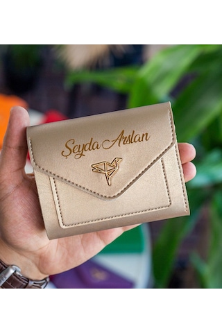 Bk Gift Kişiye Özel İsimli Vegan Deri Mini Gold Kadın Cüzdanı, Sevgiliye Hediye, Anneye Hediye, Arkadaşa Hediye