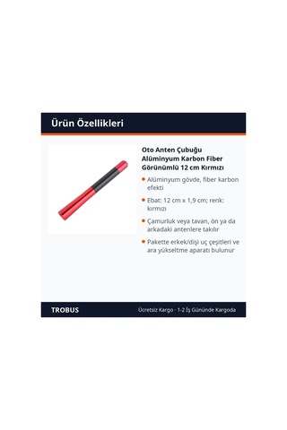 Trobus Oto Anten Çubuğu Alüminyum Karbon Fiber Görünümlü 12 Cm Kırmızı