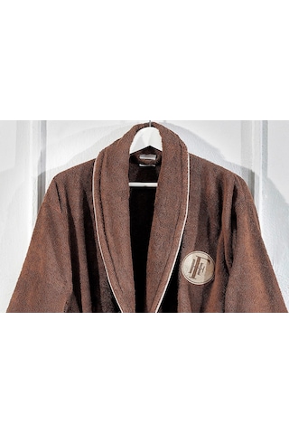 Finezza Troya %100 Pamuk Biyeli Nakışlı Kahverengi Bornoz Seti 3 Kahverengi