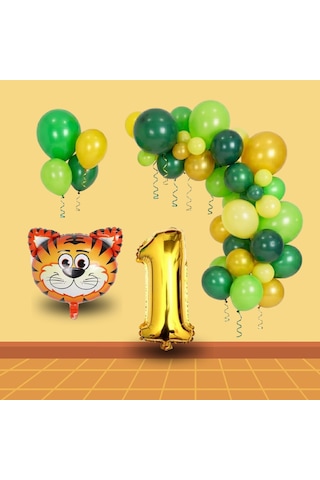 1 Yaş Safari Temalı Folyo Kaplan Yeşil Sarı Gold Balonlar Gold Rakam Doğum Günü Süsü Sarı - Yeşil