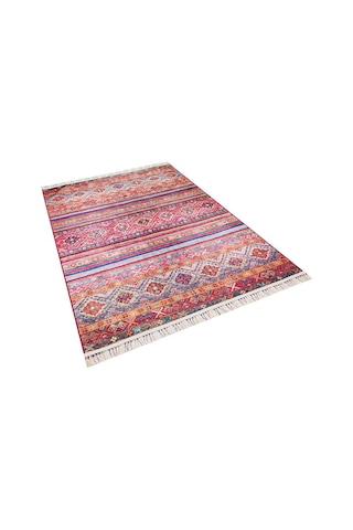 Etnik Kilim Desenli Pamuk Taban Yıkanabilir Baskılı Dekoratif Halı Kırmızı
