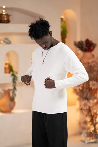 Regular Fit Likralı Kendinden Çizgili Mevsimlik Spor Kazak Beyaz