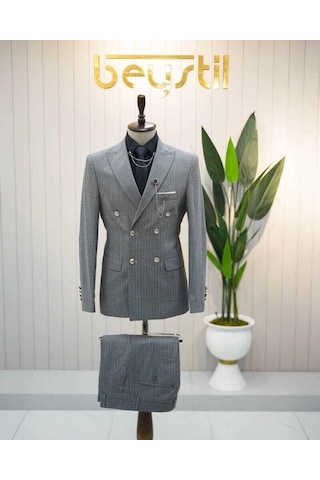 Beystil Sivri Yaka Gri Çizgili Kruvaze Takım Elbise Bezayak036- Slim Fit Gri