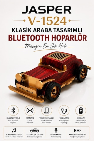 Jasper Jpr-1524 Dekoratif Bluetooth Hoparlör Telefon Standı Retro Klasik Araba Tasarım 3w 1200 Mah